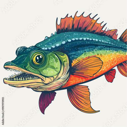 Vibrant illustration of a piranha fish with sharp teeth and colorful fins, showcasing its wild nature and aquatic environment from a close-up viewpoint.