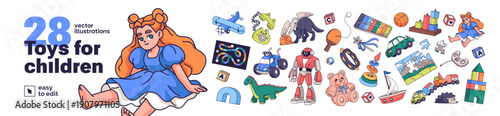 Set of cute child toys. Funny dolls, cars and teddy bears for babies. Childish airplanes, bricks and cubes with ABC. Educational games for children. Flat isolated vector illustrations on white