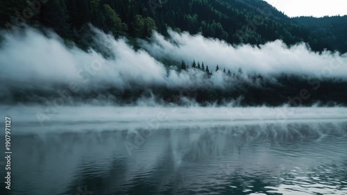 Foggy lake surrounded by mountains and trees at dusk  