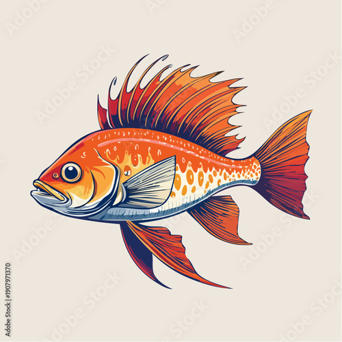 Vibrant orange fish with intricate fins swimming in a serene aquatic environment viewed from the side