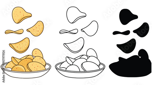 A bowl of potato chips is depicted in three different styles: color, outline, and silhouette.