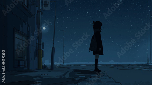 Wallpaper Mural A melancholic anime-inspired illustration showing a female silhouette standing still on a quiet street corner, the face hidden by distance and shadow. The environment feels cold and Torontodigital.ca