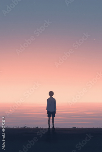 Wallpaper Mural A serene anime-style scene portraying a single figure standing still while looking toward a calm horizon, fully clothed and viewed from behind to avoid facial detail. The lighting slowly Torontodigital.ca