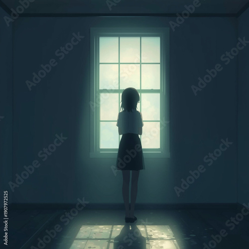 Wallpaper Mural A soft anime-inspired scene capturing a female silhouette standing by a window in a dim room, looking outward while her face remains hidden in shadow. The empty space around her emphasizes Torontodigital.ca
