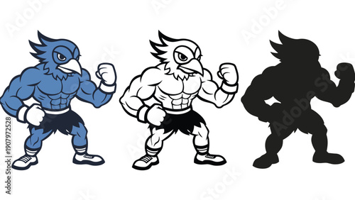 A muscular cartoon bird character in three different styles.