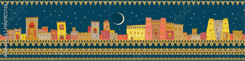 Vector seamless border pattern of fairy tale oriental town and golden frieze on a night blue sky background with moon and stars