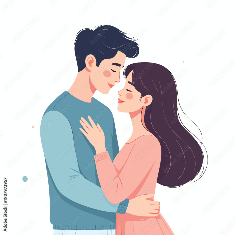 Obraz premium A tender moment between a young couple embracing, viewed from the side, with gentle affection and love