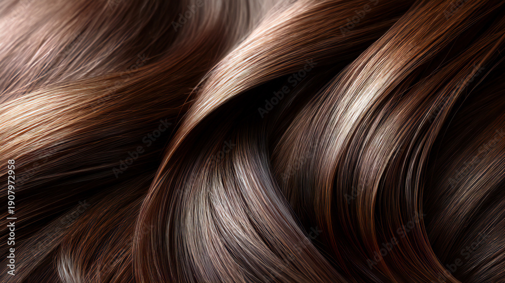 Naklejka premium Dark brown hair waves with deep shine, symbolizing luxury salon treatment and professional hair care expertise.