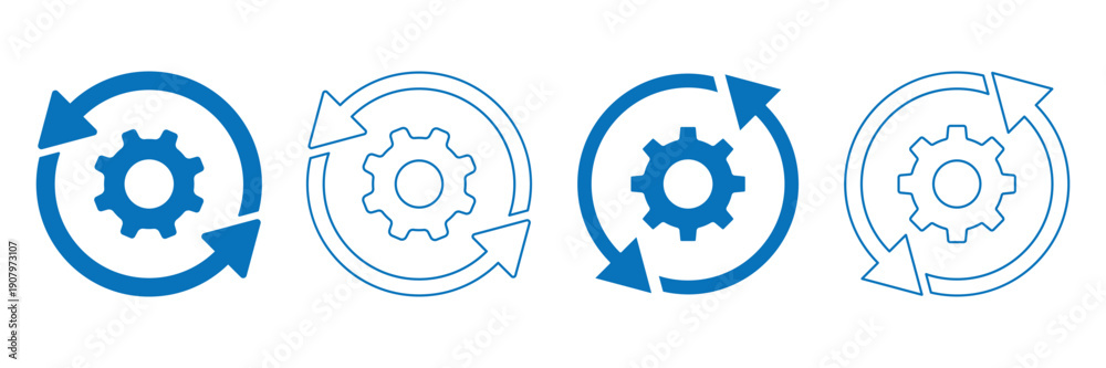 Obraz premium Sync process and workflow icon set. Cycle icons representing refresh process gears. Blue line and solid icons.