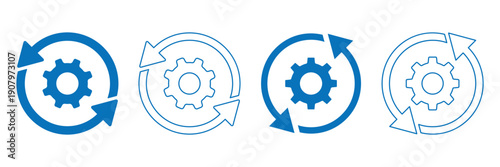 Sync process and workflow icon set. Cycle icons representing refresh process gears. Blue line and solid icons.