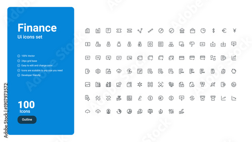 Finance UI Icons Set includes 100 clean and modern outline icons designed for financial apps, fintech platforms, dashboards, and SaaS products.

All icons are 100% vector, built on a 24px grid