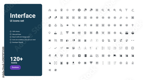 Interface UI Icons Set includes 120+ clean and modern Duotone icons designed for web, mobile apps, dashboards, and SaaS products. 

All icons are 100% vector, built on a 24px grid