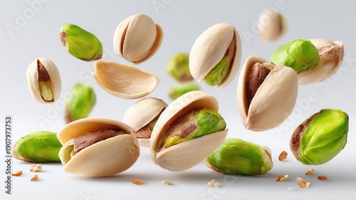 Fresh pistachios dropping, shells and vibrant green nuts in dynamic composition, natural healthy snack ingredient