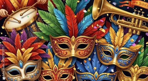 Vibrant Masks and Musical Instruments Carnival.