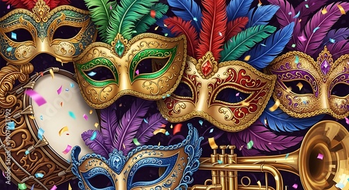 Vibrant Masks and Trumpet for Carnival Celebration.