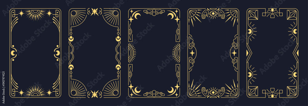 Obraz premium Tarot card design with mystical frame and celestial border elements. Elegant magic pattern with gold stars, moon symbols and esoteric ornaments on dark background. Vintage astrology card decks.