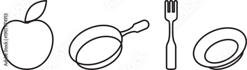 Minimal Kitchen Line Icons Set on White Background