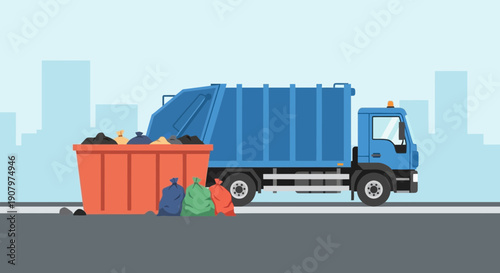Refuse Collection Vehicle and Dumpster in City Waste Management
