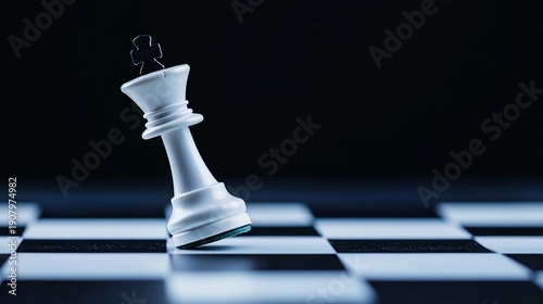 market uncertainty, business risk concept, financial instability, Strategy in Crisis: Chessboard with Collapsing King Piece in Dramatic Lighting, Symbolizing Business Downfall. Copy Space for Text.