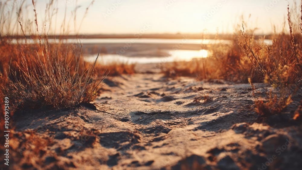 Naklejka premium Golden sunset over a sandy dune path with tall grasses and a distant calm body of water. Concept Golden Hour Sunset, Dune Path and Tall Grasses, Still Water and Horizon, Serene Coastal Landscape