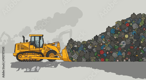 Heavy Bulldozer Pushes Massive Landfill Garbage Pile Illustration