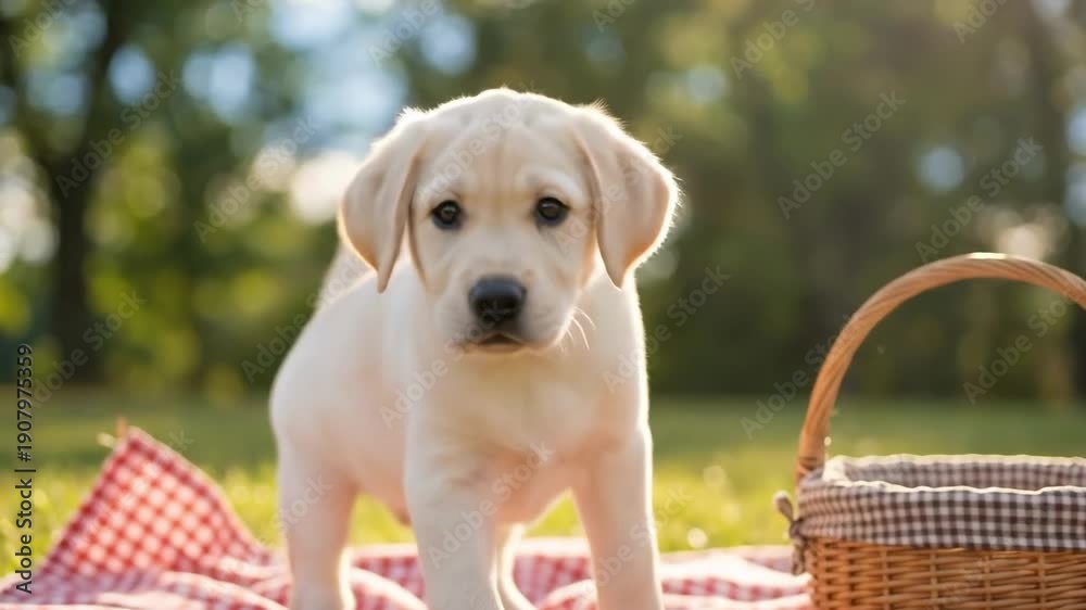 custom made wallpaper toronto digitalwhite labrador puppy. A cute yellow Labrador puppy sits on a red-checkered picnic blanket in a sunlit park, next to a woven basket, capturing the essence of a joyful day outdoors