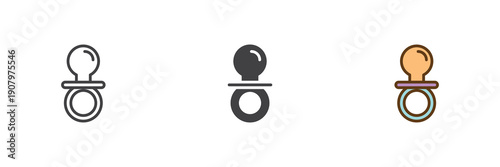 Baby pacifier and dummy icon set in line, solid and filled outline colorful style. Pacifier icon repeated as vector sign, symbol and color illustration for newborn soothing.