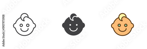Smiling baby boy face icon set in line, solid and filled outline colorful style. Face icon twice shown as vector sign, symbol and color illustration for infant character.