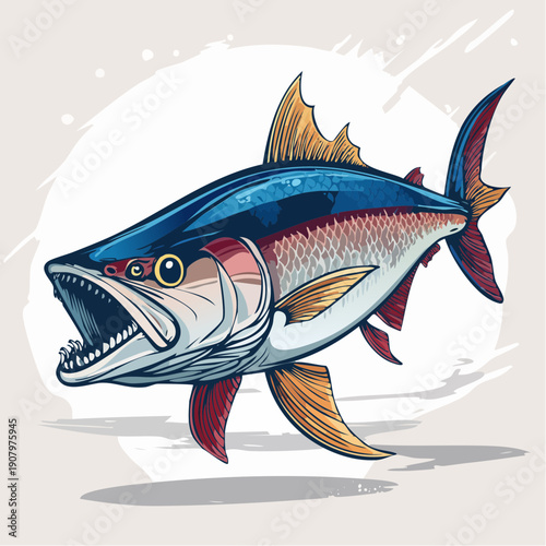 Vibrant tuna fish illustration with open mouth, showcasing sharp teeth, against a clean background, viewed from the side