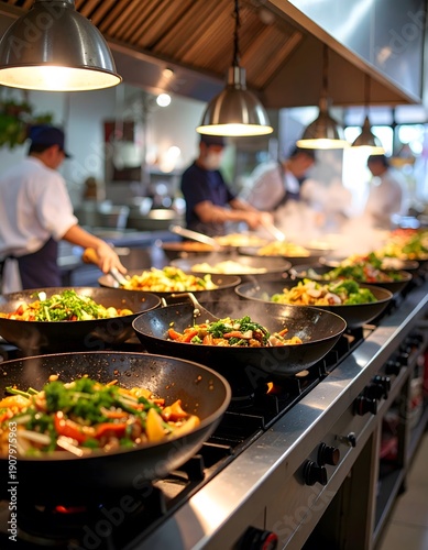 Culinary symphony: Woks sizzle with vibrant vegetables in a bustling restaurant kitchen