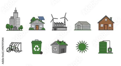Ten flatdesign icons related to sustainability and green living in two rows