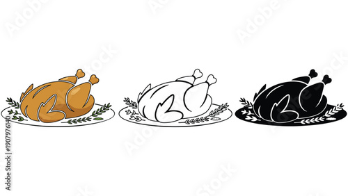 Three illustrations of a roasted chicken on a platter with herbs.
