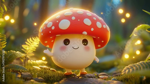Adorable cartoon mushroom creature smiling in enchanting luminous woodland environment
