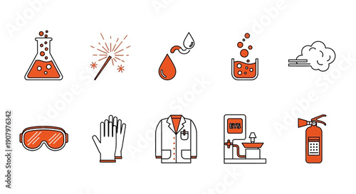Icons representing laboratory hazards and safety equipment in two rows
