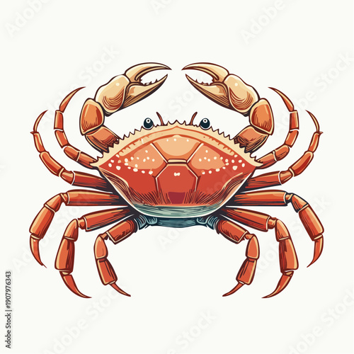 A vibrant orange crab stands prominently on a white surface, showcasing its sharp claws and detailed shell from a direct front viewpoint.