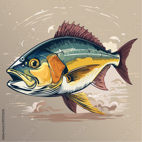 Vibrant fish swimming in the ocean, viewed from the side with dynamic water splashes