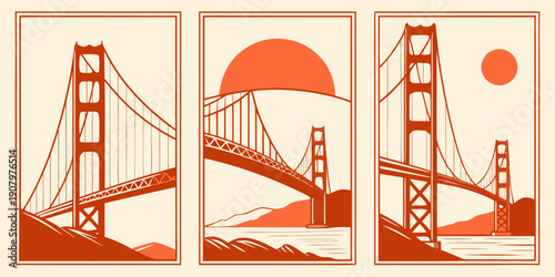 Golden Gate Bridge Triptych Wall Art – Retro Red & Orange Minimalist Prints | Modern San Francisco Decor, U.S, USA, US, United States
