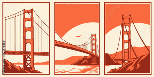 Golden Gate Bridge Triptych Wall Art – Retro Orange & Cream Minimalist Prints | Modern San Francisco Decor, U.S, USA, US, United States
