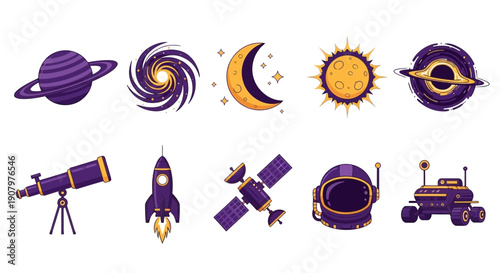 A set of ten purple and yellow cartoon spacethemed icons on a white background