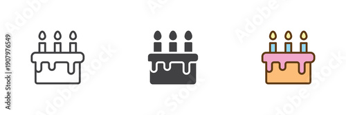 Birthday cake with candles icon set in line, solid and filled outline colorful style. Cake icon twice used as vector sign, symbol and color illustration for baby birthday.