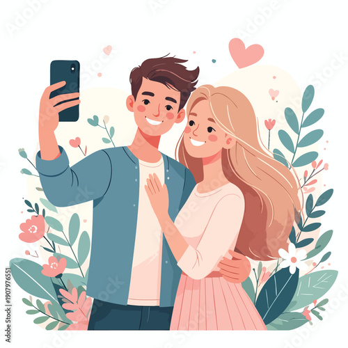 Young couple taking selfie together surrounded by flowers and leaves in a whimsical illustration