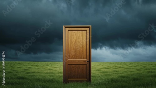 Lonely wooden door standing in stormy field surreal landscape
