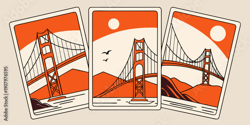 Golden Gate Bridge Wall Art – Retro San Francisco Prints, Warm Orange Minimalist California Decor, Vintage Postcard‑Style Poster Set, U.S, USA, US, United States
