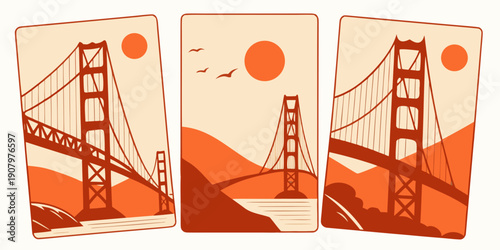 Golden Gate Bridge Wall Art – Retro San Francisco Prints, Warm Orange Minimalist California Decor, Vintage Poster‑Style Landscape Set, U.S, USA, US, United States
