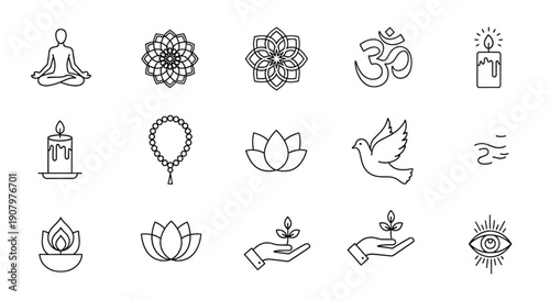 Spiritual Yoga and Meditation Line Icons Set