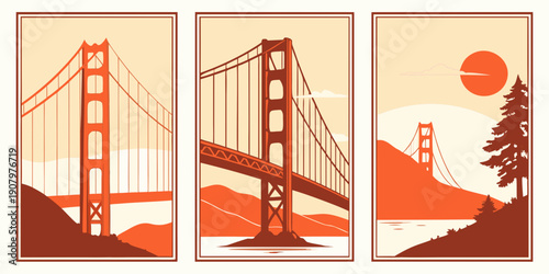 "Golden Gate Bridge Triptych Wall Art – Modern San Francisco Prints, Warm Orange Minimalist California Decor, Scenic Landscape Poster Set", U.S, USA, US, United States
