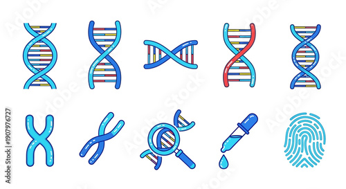 A collection of ten blue red and yellow icons related to genetics and forensics
