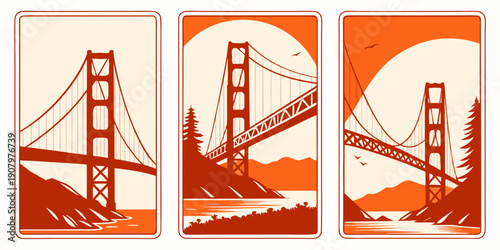 "Golden Gate Bridge Triptych Wall Art – Modern San Francisco Prints, Warm Orange Minimalist California Decor, Scenic Landscape Poster Set", U.S, USA, US, United States
