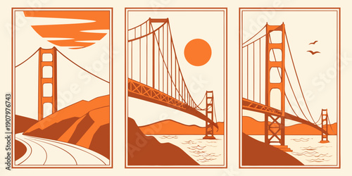 "Golden Gate Bridge Triptych Wall Art – Modern San Francisco Prints, Warm Orange Minimalist California Decor, Scenic Landscape Poster Set", U.S, USA, US, United States
