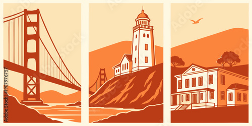 "Golden Gate Bridge Triptych Wall Art – Modern San Francisco Prints, Warm Orange Minimalist California Decor, Scenic Landscape Poster Set", U.S, USA, US, United States
